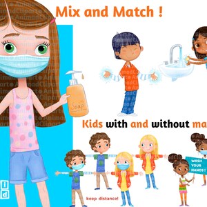 May include: An illustration of children wearing and not wearing face masks. Some children are washing their hands and others are holding signs that say "Wash Your Hands!" The text "Mix and Match!" and "Kids with and without masks!" is included in the image.