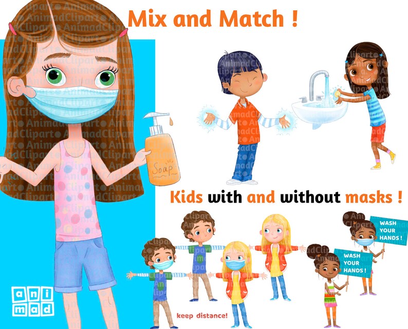May include: An illustration of children wearing and not wearing face masks. Some children are washing their hands and others are holding signs that say "Wash Your Hands!" The text "Mix and Match!" and "Kids with and without masks!" is included in the image.