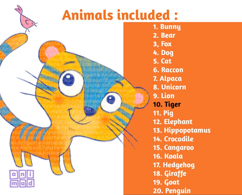 May include: A colorful illustration of a tiger with blue and orange stripes. The tiger is smiling and has large, round eyes. The image includes a list of 20 animals, including bunny, bear, fox, dog, cat, raccoon, alpaca, unicorn, lion, tiger, pig, elephant, hippopotamus, crocodile, kangaroo, koala, hedgehog, giraffe, goat, and penguin.