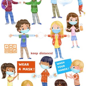 May include: A set of colorful illustrations of children wearing face masks and practicing social distancing. The illustrations include children holding signs that say "Wash your hands!" and "Wear a mask!" as well as a sign that says "Keep safe distance!"
