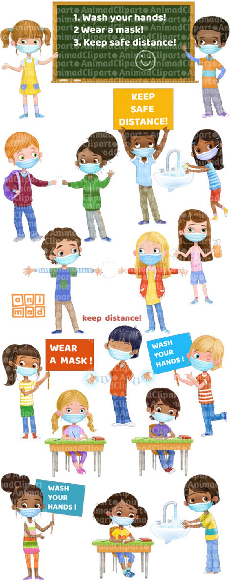 May include: A set of colorful illustrations of children wearing face masks and practicing social distancing. The illustrations include children holding signs that say "Wash your hands!" and "Wear a mask!" as well as a sign that says "Keep safe distance!"