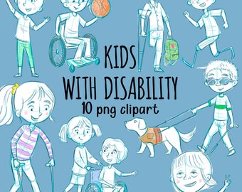 Könnte beinhalten: Ein Set mit 10 digitalen Illustrationen von Kindern mit Behinderungen. Die Illustrationen sind im Cartoon-Stil gezeichnet und zeigen Kinder, die Rollstühle, Krücken, Blindenhunde und andere Hilfsmittel benutzen. Die Illustrationen eignen sich perfekt für den Einsatz in Lehrmaterialien, Kinderbüchern und anderen Projekten.