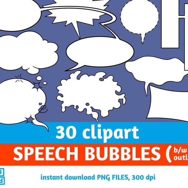 30 SPEECH BUBBLES clip art, text balloons clipart, text dialogue bubbles, speech balloons for comic strips, comic bubbles