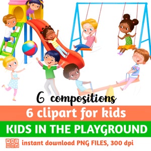 KIDS in the PLAYGROUND-illustraties voor kinderen, diversiteit, kinderen buiten spelen, speeltuintaferelen, wip, glijbaan, schommel, clipart spelen