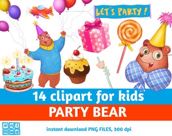 Party Bear Clipart: Funny Cartoon Animals, Birthday Elements (Instant Download)