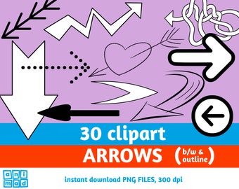 Pode incluir: Um conjunto de 30 flechas clipart em preto e branco em vários estilos, incluindo retas, curvas e pontilhadas. As flechas estão sobre um fundo roxo com o texto "30 clipart ARROWS (b/w & outline) instant download PNG FILES, 300 dpi".