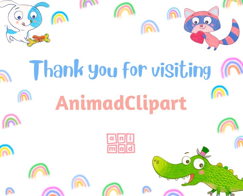 May include: Thank you for visiting AnimadClipart. A colorful illustration with a white dog holding a bone, a raccoon holding a heart, and a green alligator wearing a hat. The background is filled with rainbow arches.