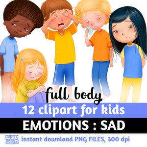 TRISTE, EMOCIONES Clip art para niños, clipart de sentimientos, lenguaje corporal, expresiones faciales, niña triste, niño triste, niños llorando, cuerpo completo, diversidad