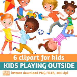 Kids Playing Clipart: Diverse Active Children, Outdoor Games (PNG)