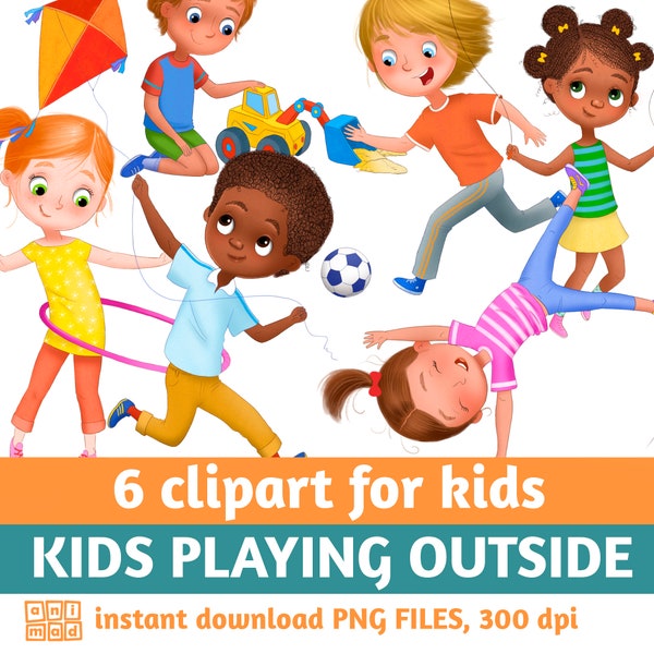 KIDS PLAYING OUTSIDE clip art for kids, diversity, kids playing outdoors, boy clipart, girl clipart,  active kids, hula hoop, soccer, kite