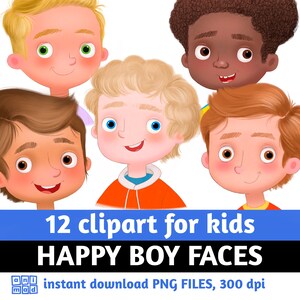 HAPPY boys clip art for kids, boys faces, diversity, feelings clipart,  emotions clipart, kids clipart, face expressions, happy kids faces,