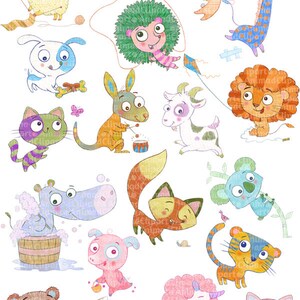 May include: 20 cartoon animals in various poses and colors. The animals include a llama, elephant, rabbit, giraffe, dog, hedgehog, kangaroo, goat, lion, hippopotamus, fox, koala, pig, tiger, bear, unicorn, raccoon, penguin, and alligator.