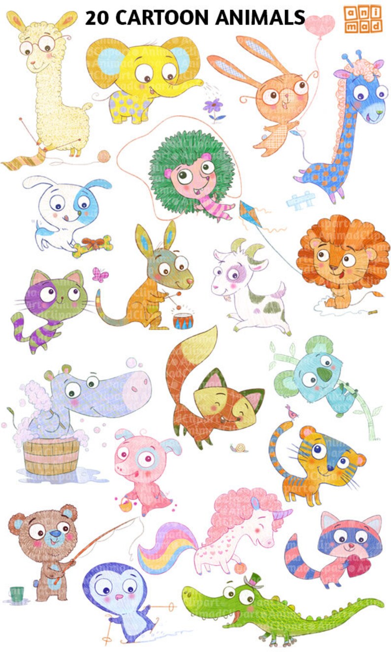 May include: 20 cartoon animals in various poses and colors. The animals include a llama, elephant, rabbit, giraffe, dog, hedgehog, kangaroo, goat, lion, hippopotamus, fox, koala, pig, tiger, bear, unicorn, raccoon, penguin, and alligator.