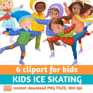 ICE SKATING KIDS clip art, diversity, clipart for kids, boy clipart, girl clipart, winter clipart, active kids, ice skate clipart, fun