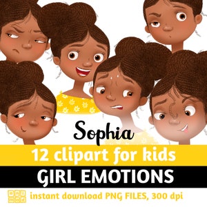 GIRL EMOTIONS kids clip art, feelings clipart, afro american girl feelings, kids faces, face expressions, afro girl avatar, basic emotions