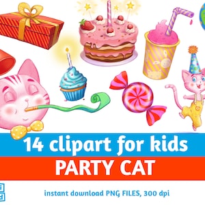 PARTY CAT clip art for kids, birthday clipart, party clipart, funny cat clipart, cute animals clipart, party elements, instant download