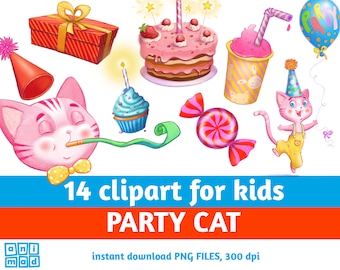 Party Cat Clipart: Funny Birthday Kittens, Party Elements (Instant Download)