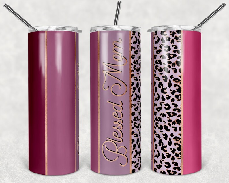 PNG Commercial Use SEAMLESS Pattern Blessed Mom Pink Leopard Sublimation Design for Skinny Tumbler 20oz Design