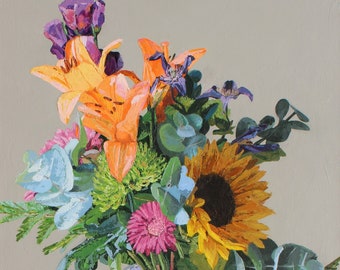 Flowers, Flower Art, Flower Wall Art, Flower Print, Sunflower, Lillies, 12"x 12" Vibrant Floral Still Life print, Bouquet, Gerbera, orange
