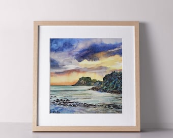 12" x 12" Seascape Giclée mounted print of Steephill Cove, Ventnor, Isle of Wight by Sharon Ould, watercolour and pastel, coastal scenery
