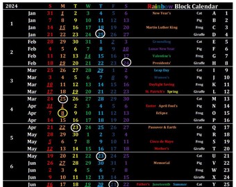 Kalendarz blokowy Dark Rainbow 2024 i 2025, plakat, wydruk 17 x 11 cali, Roy G Biv | Czterotygodniowe lub 28-dniowe bloki czasu | Kalendarz całoroczny BKSS