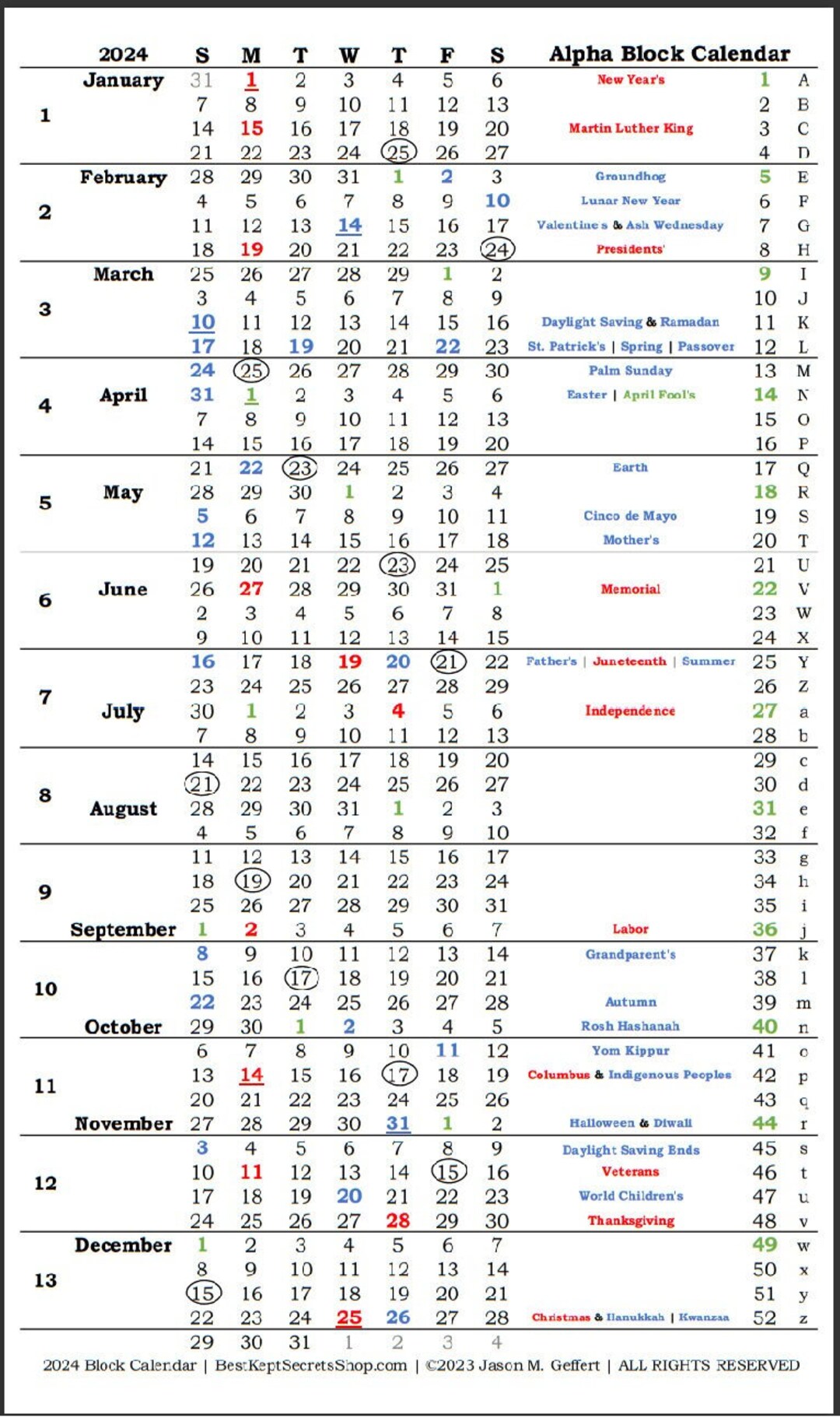 2024 Block Calendar Four Week Blocks of 28 Days Block Calendar 17 X 11