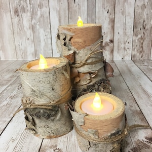 River Birch Tea Light Holders - Each set with extra battery and battery tea lights included