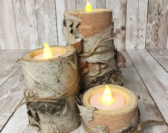 River Birch Tea Light Holders - Each set with extra battery and battery tea lights included