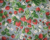 Large Strawberries Blossoms Runners Bees Ladybugs Dark Blue Gingham VTG OOP HTf The Kesslers Concord By The FAt QUARTEr Please READ Listing