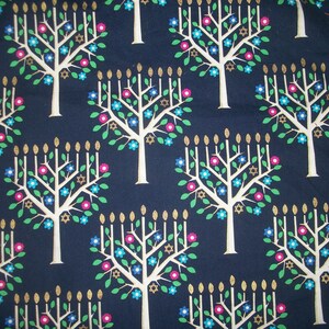 Menorah Trees 17 Inches Long x 41 Inches Wide Star of David Flowers Leaves Gold Flames on Navy Judaica Please READ Listing  HTF Tree of Life