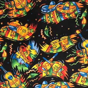 May include: A black fabric with a colorful repeating pattern of Mexican-themed imagery. The pattern includes sombreros, guitars, maracas, chili peppers, and geometric designs.