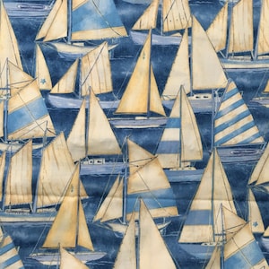 Sailboats SOLD By The HALF YARd Sails in Cream Tan Light Blue Ocean Sailing Please READ Listing Stephanie Marrott Wilmington Prints