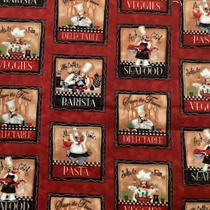 May include: Red fabric with a repeating pattern of brown squares featuring illustrations of chefs and the words "Save the Flavor", "Delectable", "Veggies", "Seafood", "Pasta", and "Barista".