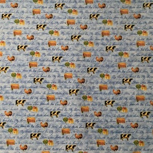 Farm Animals SOLD By The HALf YARD Cows Rooster Farm House Barn Script on Blue OOP Home Sweet Home Collection Ro Gregg Northcott Studio