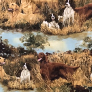 May include: A repeating pattern of brown, white, and black dogs in a grassy field. The dogs are all different breeds, including setters, spaniels, and retrievers. The background is a blurry image of a forest and a stream.