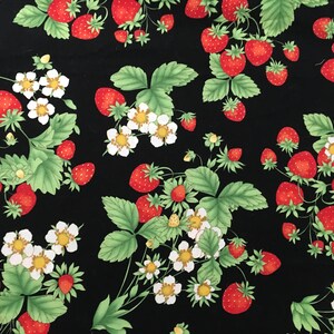 Strawberry Plants 27 Inches Long x 21 Inches Wide w/Leaves White Blossoms Yellow Centers on Black READ Description HTF Timeless Treasures