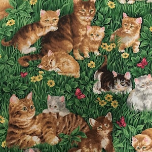 Cats Kittens 16 Inches Long x 44 Inches Wide Playing on Grass with Yellow Daisies Red Butterflies Please READ Listing VTG OOp Cranston 2004