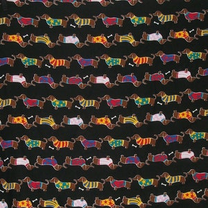 Dachshunds SOLD By The HALf YARd Doxies Wearing Colorful Sweaters Sausage Dogs on Black Please READ OOP HTf Robert Kaufman Cute To Boot