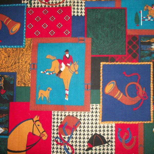 Fox Hunting SOLD By The HALF YARd Equestrian Cheater Quilt Rail Jumping Fox Hounds Fox Horn Tack Riding Helmet Horse & Rider Tally Ho