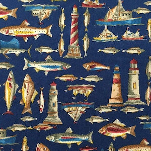Nautical Fishing SOLD By The HALf YARD Fish Fishing Boats Lighthouses Ocean on Navy Please READ OOp HTf Hobby Lobby Made in Japan Fabric