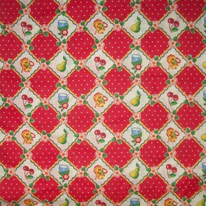Mary Engelbreit SOLD By The HALf YARd Stacked Bowls Coffee Pot Pears Cherries Flowers Red Diamonds Please READ Listing HTF  Cranston 2003