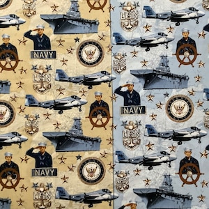 USN NAVY SOLD By The FAt QUARTEr Naval Military Sailors Ships Fighter Jets Gold Star Khaki Tan/Blue Read Description Robert Kaufman Patriots
