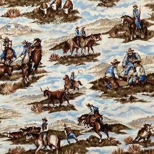 Cowboys Horses By The HALF YARd Roping Cattle Sagebrush Cattle Drive Wagon Mountains Lariat Campfire REAd Listing HTf OOP Cranston Fabric