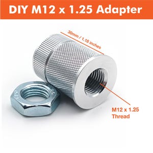 May include: A silver DIY M12 x 1.25 adapter with a knurled body, measuring 30mm or 1.18 inches in length. The adapter has an M12 x 1.25 thread and is shown with a hex nut.