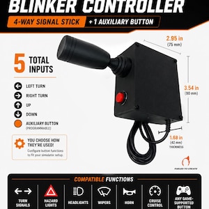 Puede incluir: Un controlador de intermitentes para simulador negro con una palanca de señal de 4 vías y un botón auxiliar rojo. El dispositivo mide 75 mm de ancho, 90 mm de alto y 42 mm de grosor. El texto incluye SIMULATOR BLINKER CONTROLLER y 5 TOTAL INPUTS.