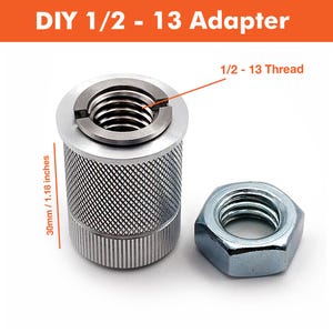 May include: A silver DIY 1/2 - 13 adapter with a knurled body, 30mm in diameter, and a matching nut. The adapter has a 1/2 - 13 thread and the text "DIY 1/2 - 13 Adapter".