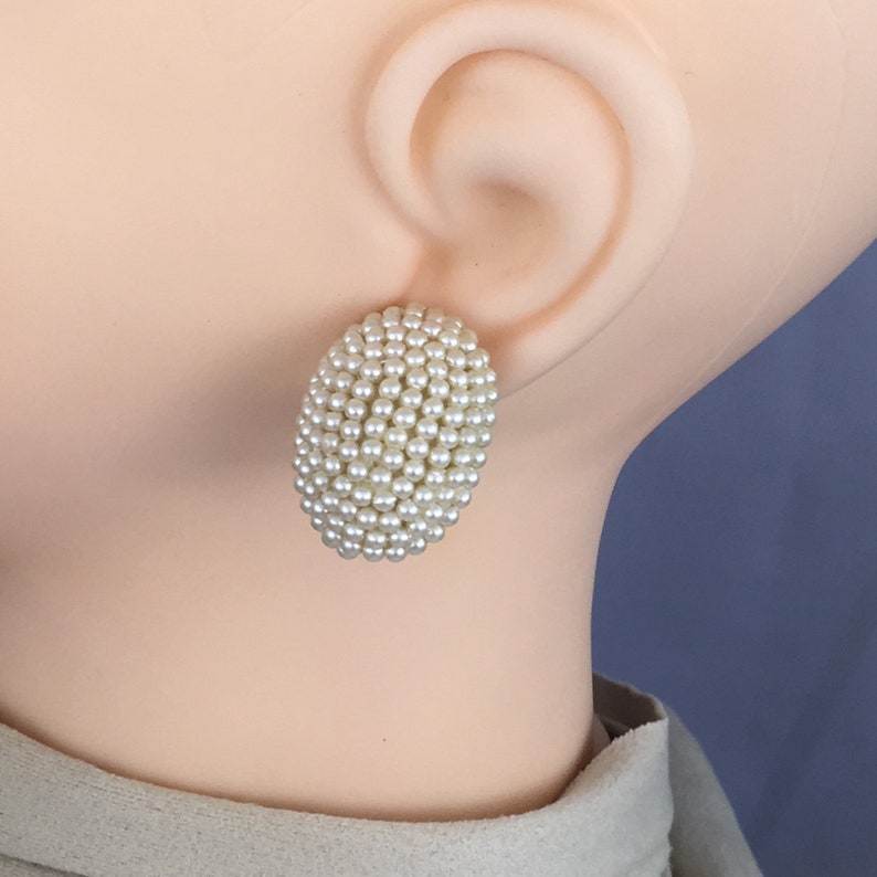 1803 Pair of oval pearl bead covered bee hive shape vintage clip on earrings with FREE WORLDWIDE SHIPPING