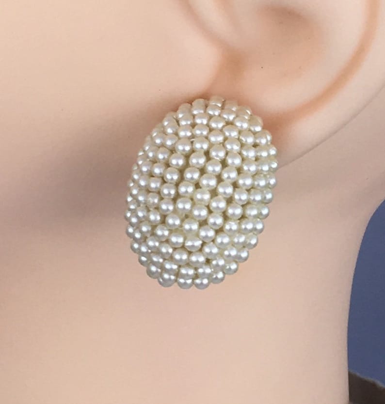 1803 Pair of oval pearl bead covered bee hive shape vintage clip on earrings with FREE WORLDWIDE SHIPPING