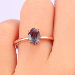 Dainty 0.85CT Marquise Alexandrite Engagement Ring, Simple Alexandrite Ring, Solitaire Low Profile Rings, Birthstone Ring, Silver Ring