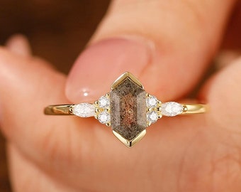 Elongated Hexagon Herkimer Diamond Ring, Moissanite, 14k Gold